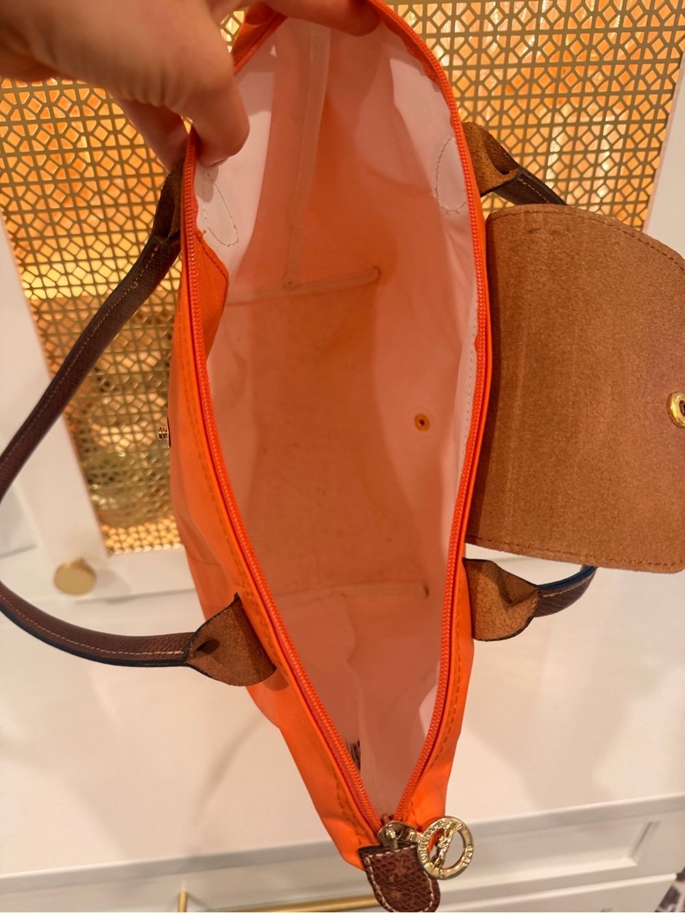 Longchamp Orange Tote Bag with Brown Trim - Classic Women's Shoulder Bag - Picture 13 of 13